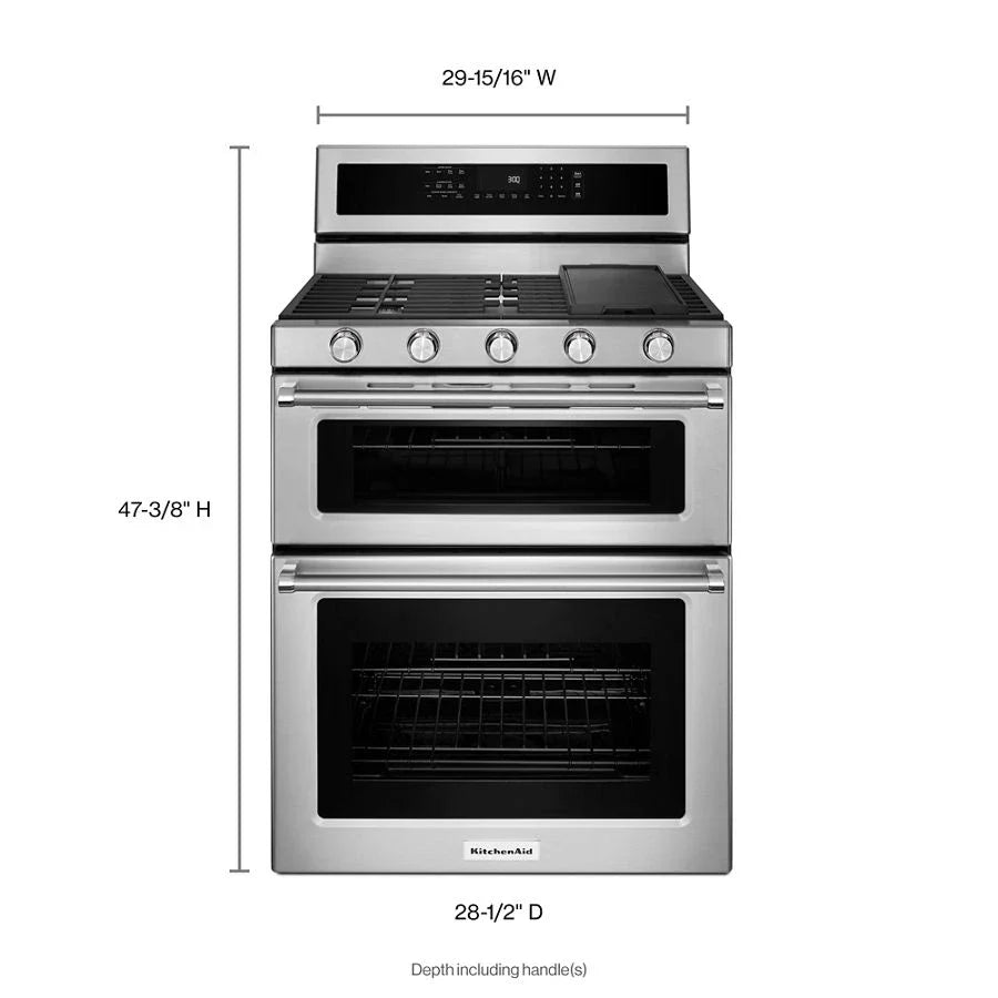 KitchenAid KFGD500ESS 30-inch 5 Burner Gas Double Oven Convection Range Stainless Steel