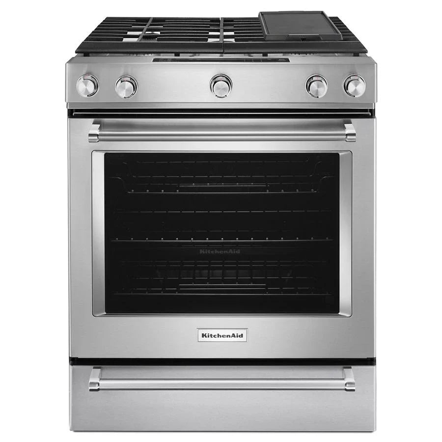 KitchenAid KSGB900ESS 30-inch 5 Burner Gas Convection Slide-in Range With Baking Drawer Stainless Steel