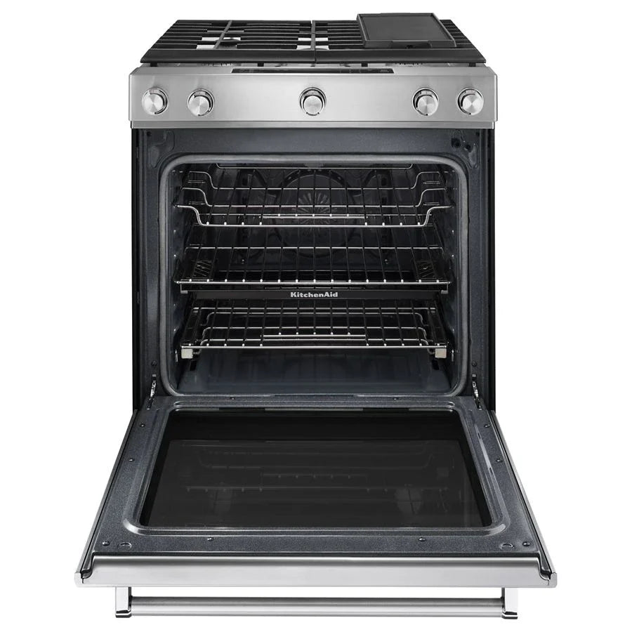 KitchenAid KSGB900ESS 30-inch 5 Burner Gas Convection Slide-in Range With Baking Drawer Stainless Steel