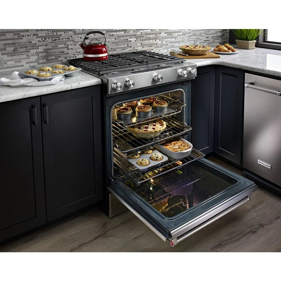 KitchenAid KSGB900ESS 30-inch 5 Burner Gas Convection Slide-in Range With Baking Drawer Stainless Steel