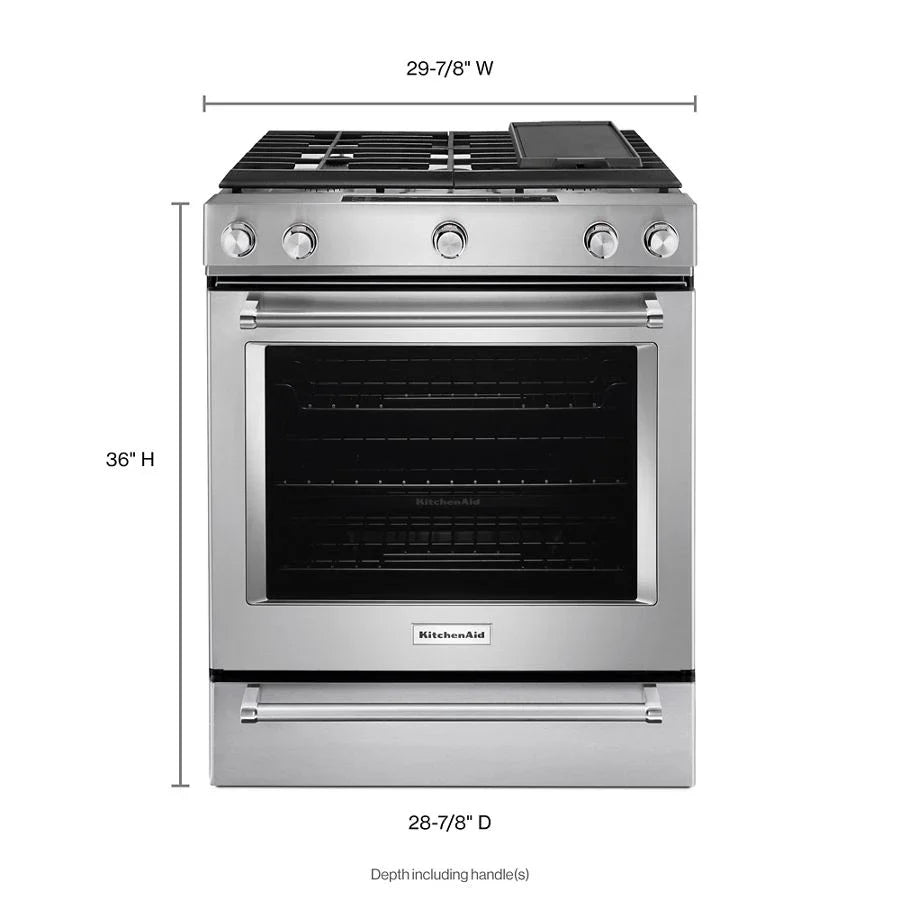 KitchenAid KSGB900ESS 30-inch 5 Burner Gas Convection Slide-in Range With Baking Drawer Stainless Steel
