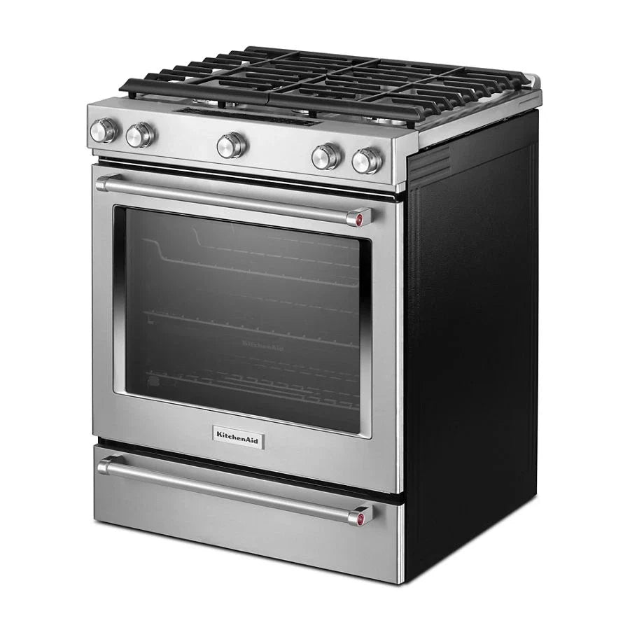 KitchenAid KSGB900ESS 30-inch 5 Burner Gas Convection Slide-in Range With Baking Drawer Stainless Steel