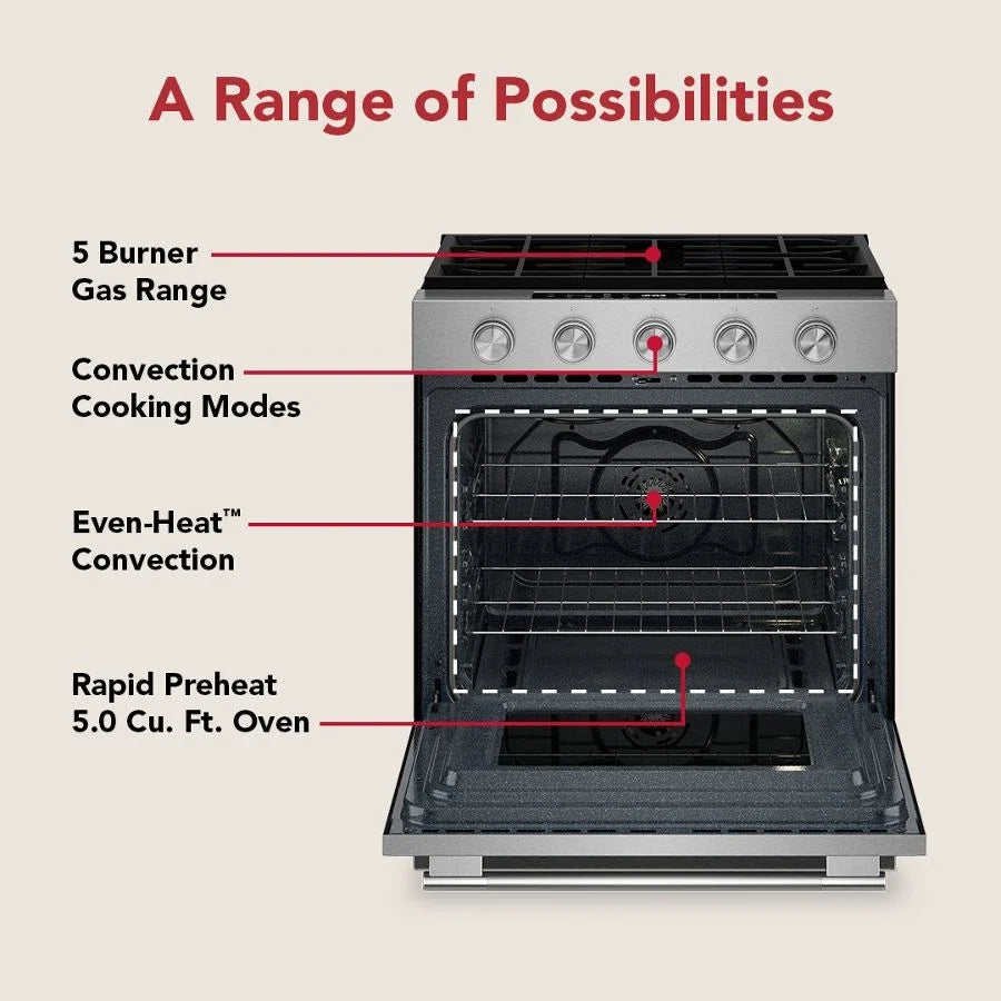 KitchenAid KSGS330SPS 5.0 Cu. Ft. Smart Slide-in Gas Range With Convection Cooking Modes PrintShield™ Stainless Finish