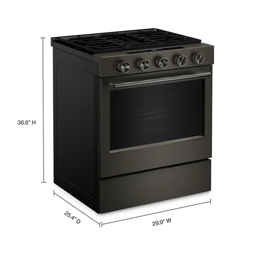 KitchenAid KSGS530SBE 5.0 Cu. Ft. Smart Slide-in Gas Range with Convection Cooking Modes and 2-in-1 Burner Black Ore