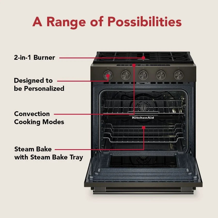 KitchenAid KSGS530SBE 5.0 Cu. Ft. Smart Slide-in Gas Range with Convection Cooking Modes and 2-in-1 Burner Black Ore