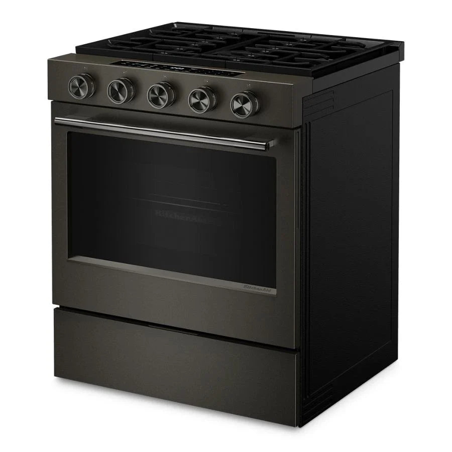 KitchenAid KSGS530SBE 5.0 Cu. Ft. Smart Slide-in Gas Range with Convection Cooking Modes and 2-in-1 Burner Black Ore