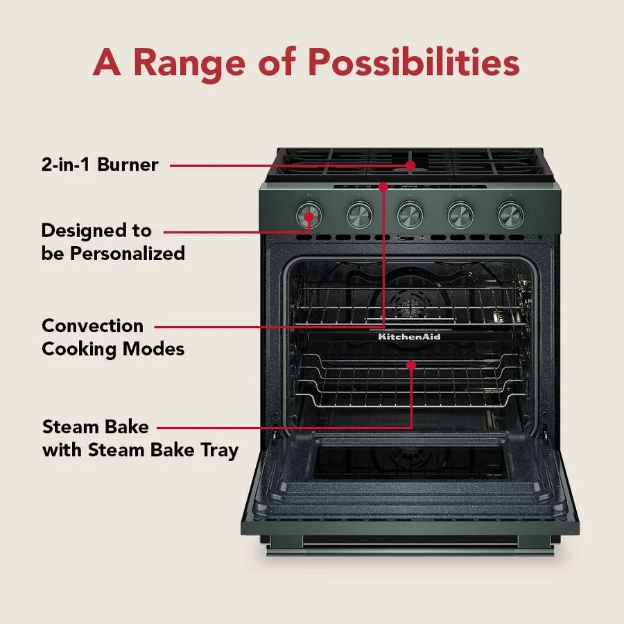 KitchenAid KSGS530SJP 5.0 Cu. Ft. Smart Slide-in Gas Range with Convection Cooking Modes and 2-in-1 Burner Juniper