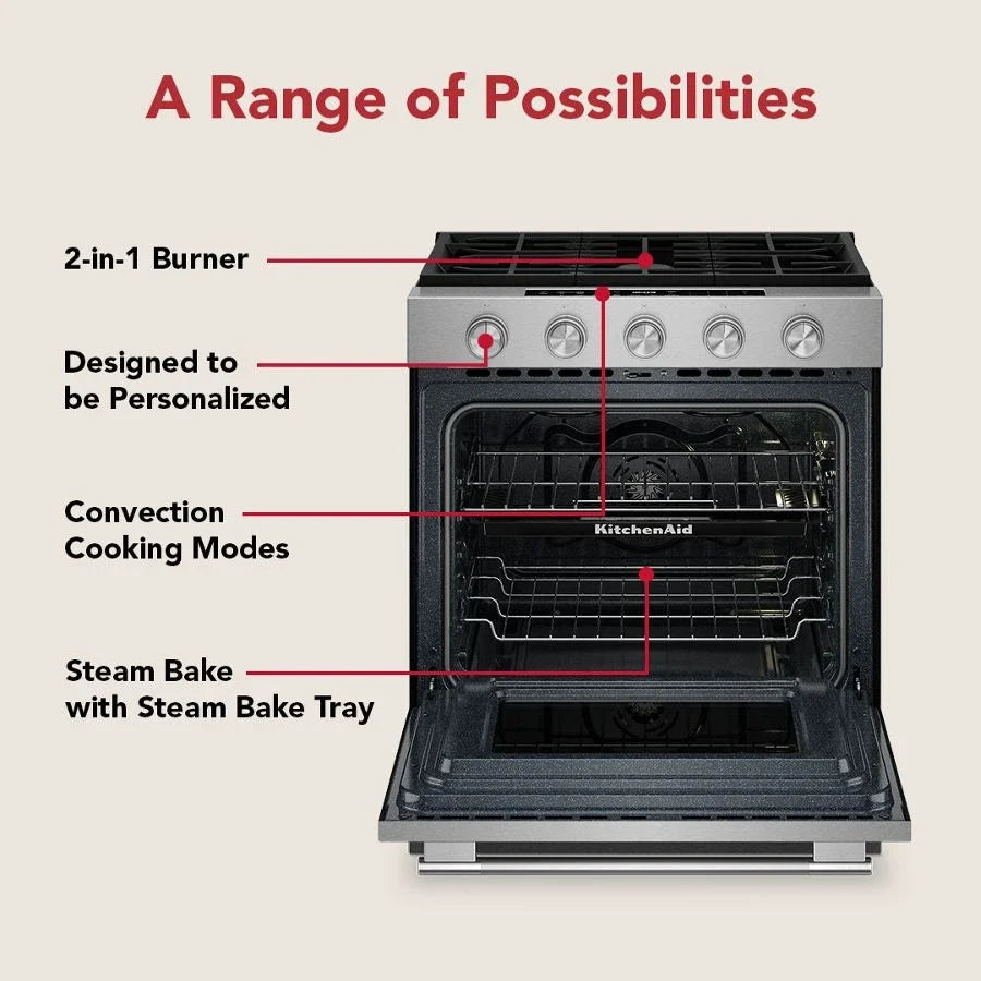 KitchenAid KSGS530SPS 5.0 Cu. Ft. Smart Slide-in Gas Range With Convection Cooking Modes And 2-in-1 Burner PrintShield™ Stainless Finish