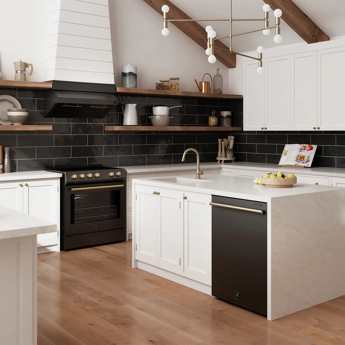 Forno 5-Piece Appliance Package - 30-Inch Electric Range, Under Cabinet Range Hood, French Door Refrigerator, Dishwasher, & 24-Inch Microwave Drawer in Black with Antique Brass Trim