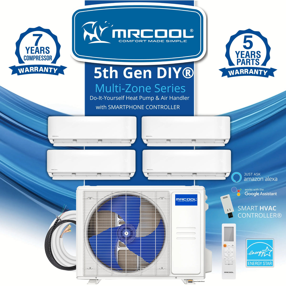 MRCOOL DIY 5th Gen Mini Split - 2-Zone 27,000 BTU Ductless Air Conditioner and Heat Pump Condenser with 12K + 12K Wall Mount Air Handlers