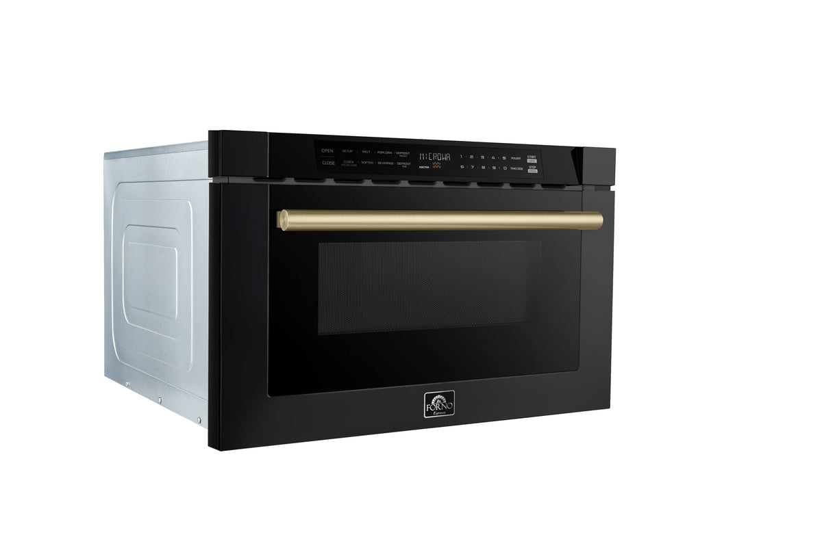 Forno 5-Piece Appliance Package - 36-Inch Electric Range, Wall Mount Range Hood, 60-Inch Refrigerator, Dishwasher, and 24-Inch Microwave Drawer in Black with Antique Brass Trim
