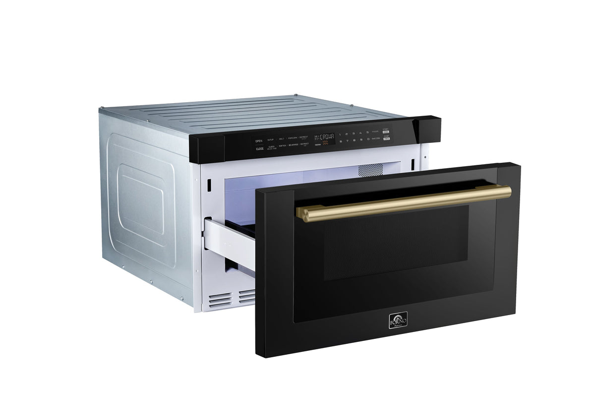 Forno 5-Piece Appliance Package - 36-Inch Dual Fuel Range, Wall Mount Range Hood, 60-Inch Convertible Refrigerator with Modern Grille Trim, Dishwasher, and 24-Inch Microwave Drawer in Black with Antique Brass Trim