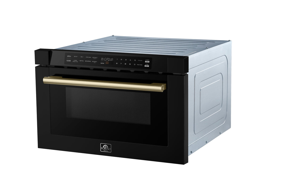 Forno 5-Piece Appliance Package - 36-Inch Gas Range, Wall Mount Range Hood, 60-Inch Convertible Refrigerator with Modern Grille Trim, Dishwasher, and 24-Inch Microwave Drawer in Black with Antique Brass Trim