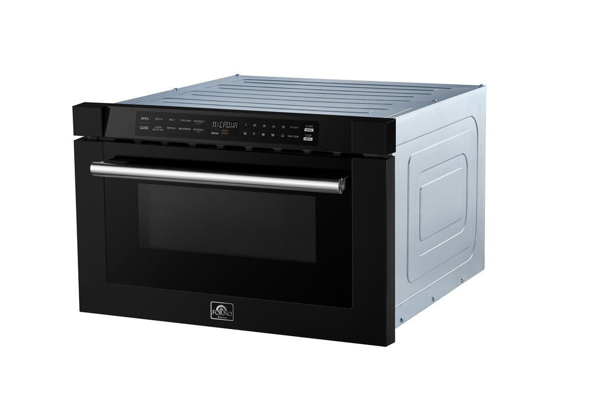 Forno 5-Piece Appliance Package - 30-Inch Induction Range, Under Cabinet Range Hood,  French Door Refrigerator with Water Dispenser, Dishwasher, and  Microwave Drawer in Black with Stainless Steel Trim