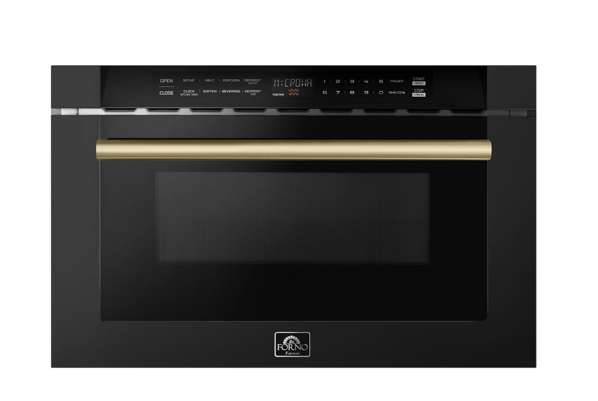 Forno 5-Piece Appliance Package - 30-inch Gas Range, Hood, Refrigerator, Dishwasher and 24-Inch Microwave Drawer in Black with Antique Brass Trim