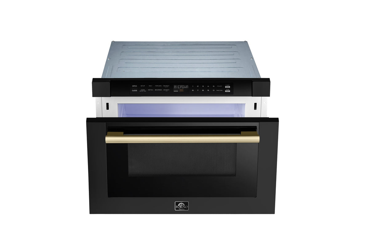 Forno 5-Piece Appliance Package - 36-Inch Dual Fuel Range, Wall Mount Range Hood, 60-Inch Convertible Refrigerator with Modern Trim, Dishwasher, and 24-Inch Microwave Drawer in Black with Antique Brass Trim