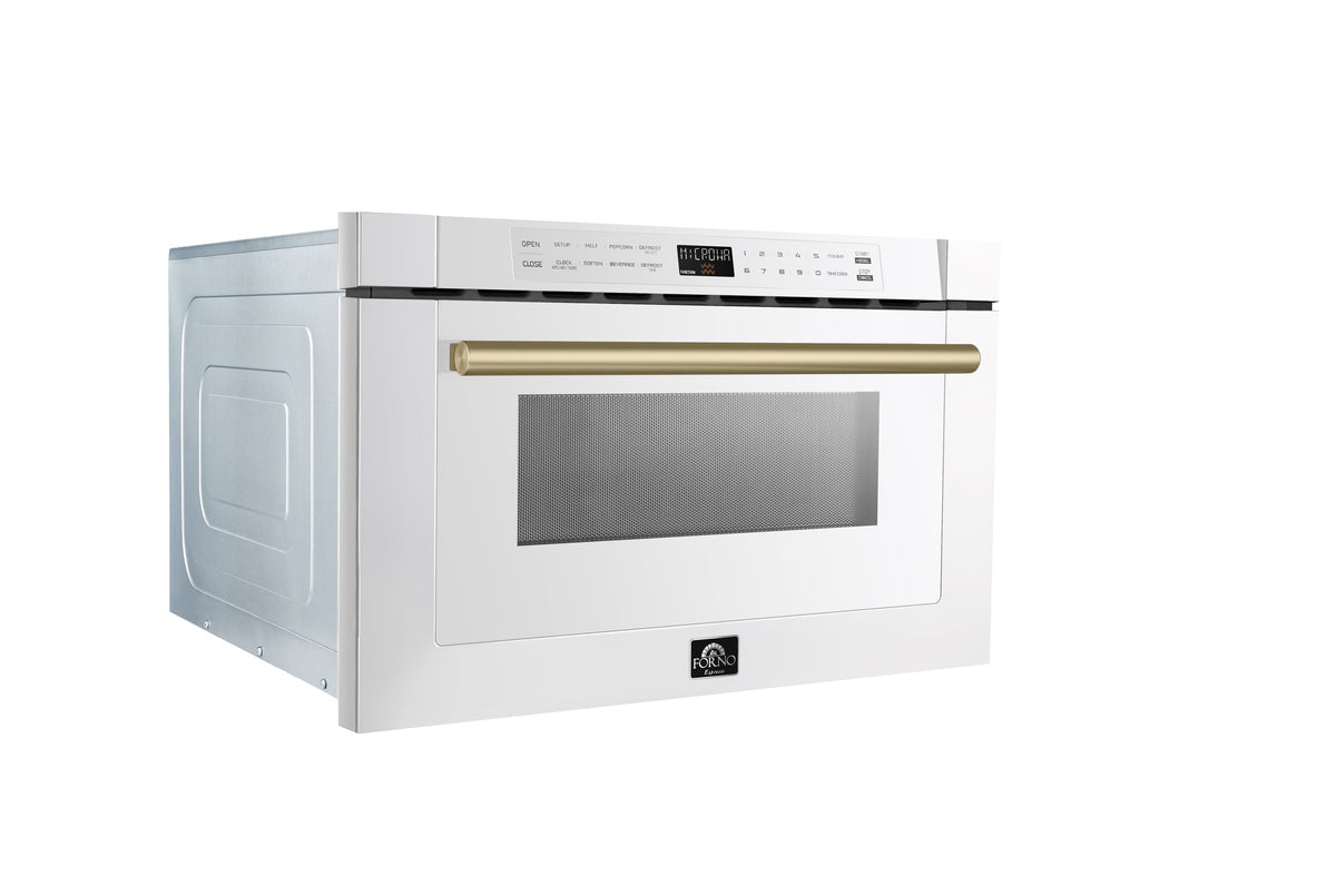 Forno 4-Piece Appliance Package - 36-Inch Dual Fuel Range, 60-Inch Refrigerator, Dishwasher, & 24-Inch Microwave Drawer in White with Antique Brass Trim