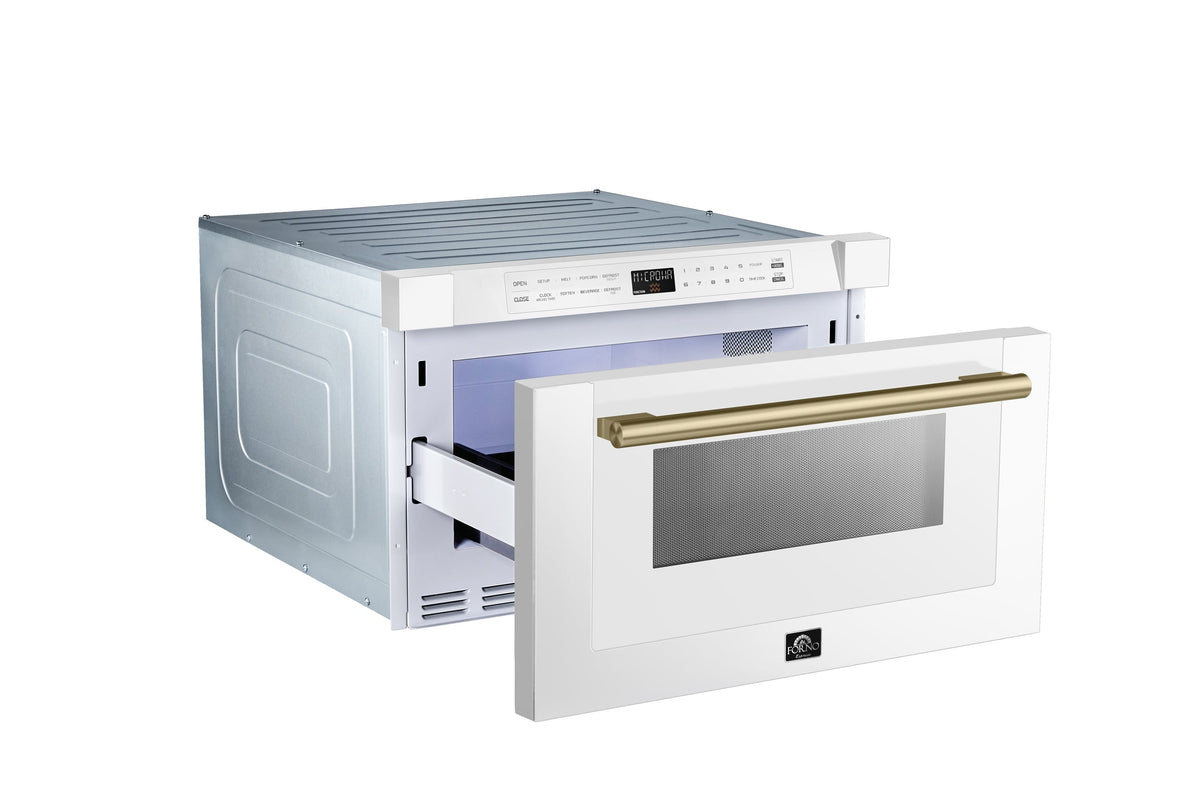 Forno 4-Piece Appliance Package - 48-Inch Galiano Gas Range, 60-Inch Refrigerator, Dishwasher, & 24-Inch Microwave Drawer in White with Antique Brass Trim