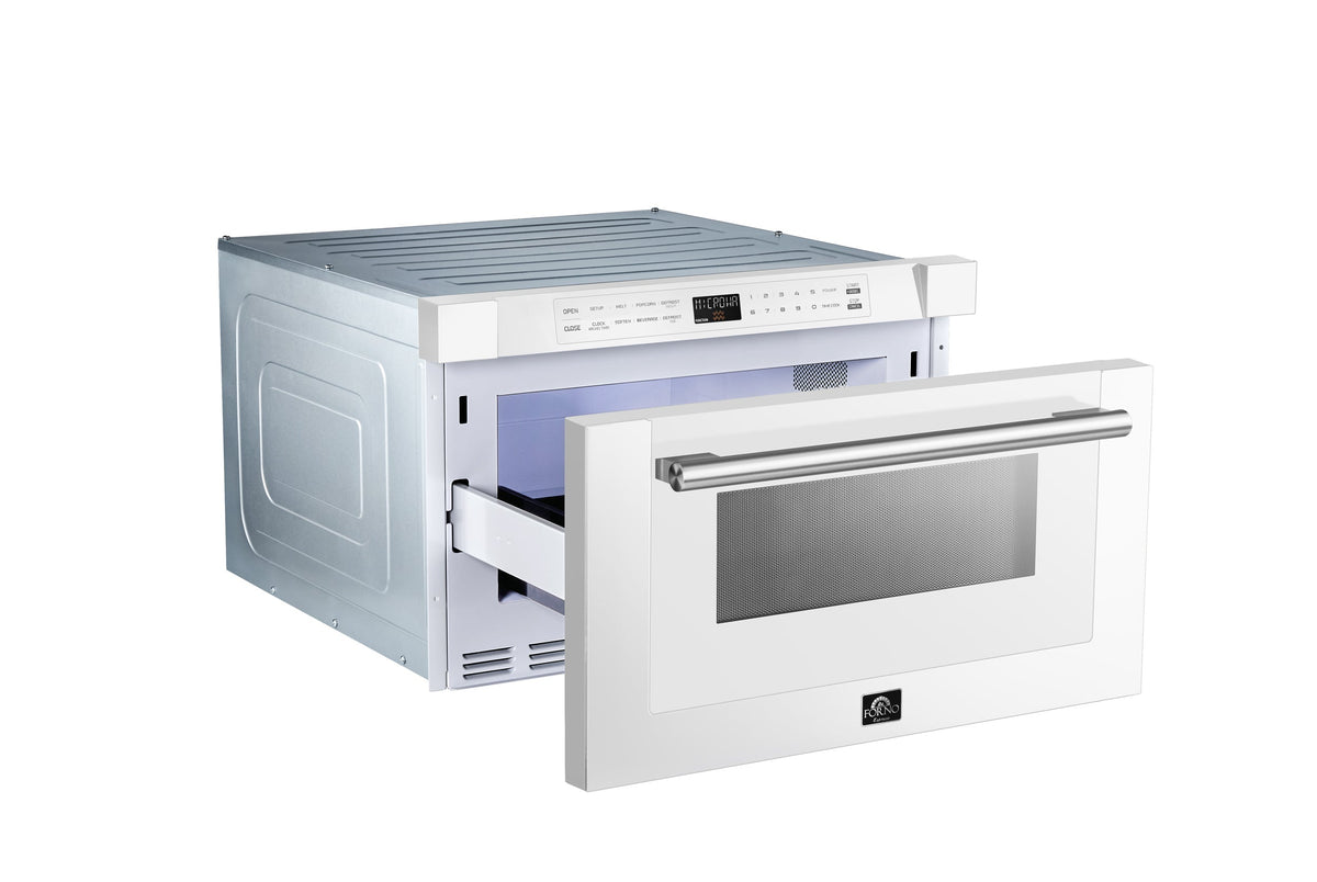 Forno 5-Piece Appliance Package - 30-Inch Electric Range, Under Cabinet Range Hood, Refrigerator with Water Dispenser, Dishwasher, and  Microwave Drawer in White with Stainless Steel Trim