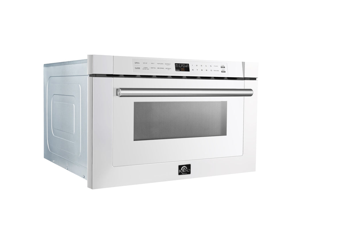 Forno 5-Piece Appliance Package - 30-Inch Induction Range, Under Cabinet Range Hood,  French Door Refrigerator with Water Dispenser, Dishwasher, and  Microwave Drawer in White with Stainless Steel Trim
