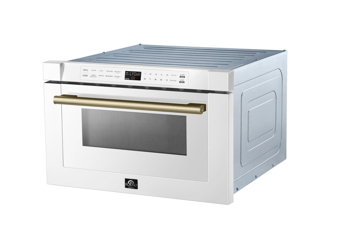 Forno 4-Piece Appliance Package - 36-Inch Dual Fuel Range, 60-Inch Refrigerator, Dishwasher, & 24-Inch Microwave Drawer in White with Antique Brass Trim