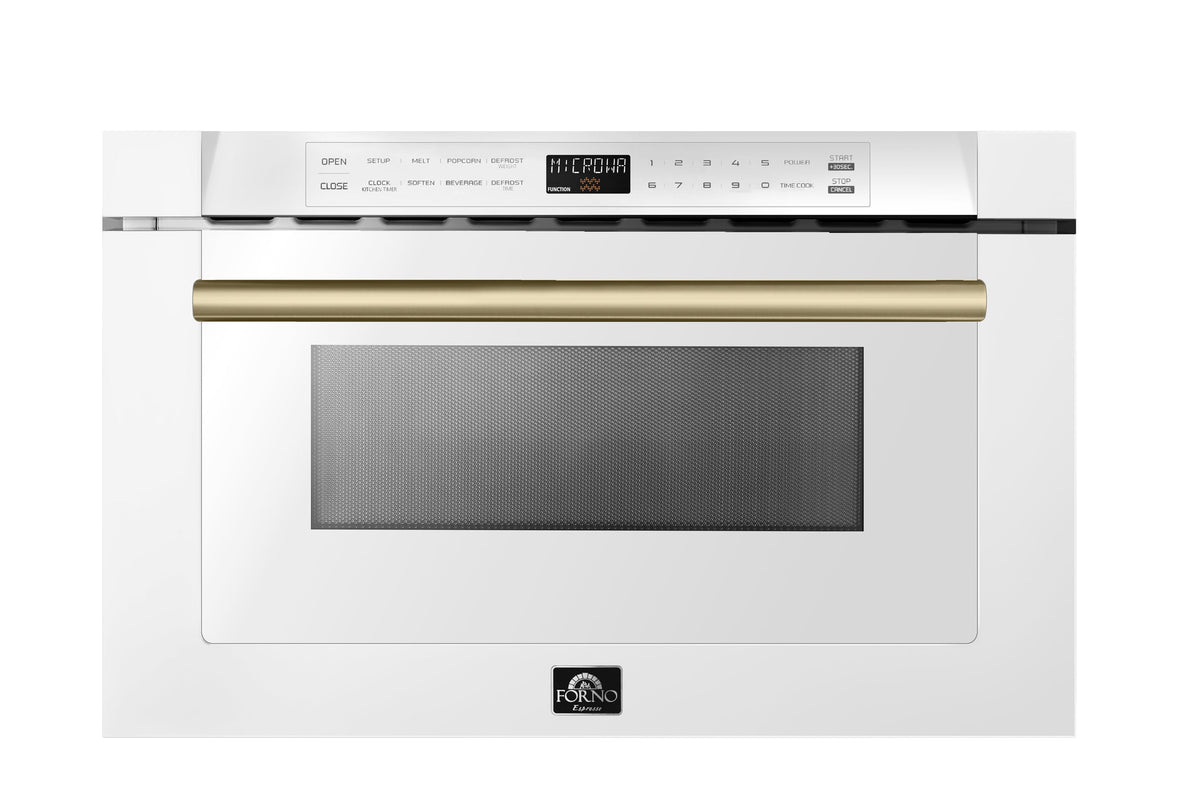 Forno Espresso Capoliveri 24-Inch Microwave Drawer in White with Antique Brass Handle (FMWDR3000-24WHT)