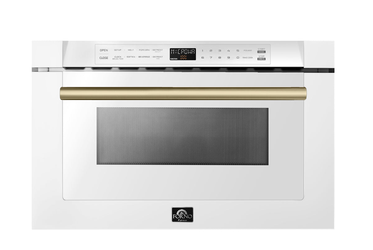 Forno 4-Piece Appliance Package - 48-Inch Gas Range, 60-Inch Refrigerator, Dishwasher, & 24-Inch Microwave Drawer in White with Antique Brass Trim