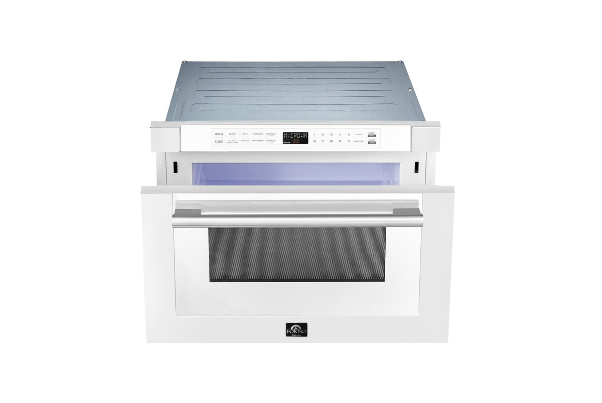 Forno 5-Piece Appliance Package - 30-Inch Electric Range, Under Cabinet Range Hood, Refrigerator with Water Dispenser, Dishwasher, and  Microwave Drawer in White with Stainless Steel Trim