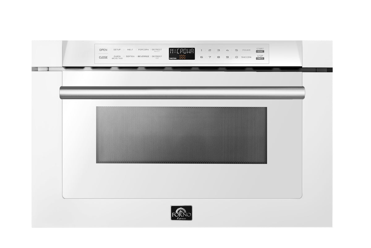 Forno 5-Piece Appliance Package - 30-Inch Induction Range, Under Cabinet Range Hood, Refrigerator, Dishwasher, and  Microwave Drawer in White with Stainless Steel Trim
