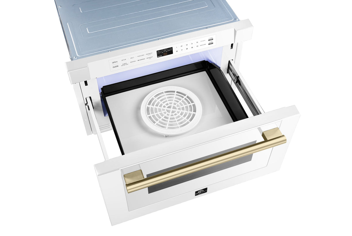 Forno 4-Piece Appliance Package - 36-Inch Dual Fuel Range, 60-Inch Refrigerator, Dishwasher, & 24-Inch Microwave Drawer in White with Antique Brass Trim