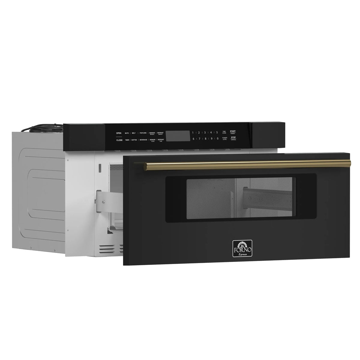Forno 4-Piece Appliance Package - 48-Inch Gas Range, 60-Inch Convertible Refrigerator with Modern Grille Trim, Dishwasher, and 30-Inch Microwave Drawer in Black with Antique Brass Trim