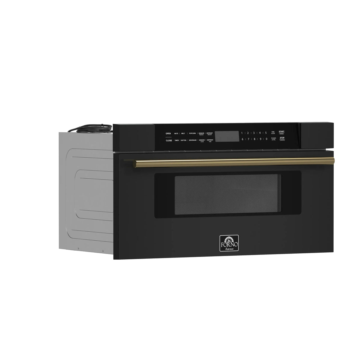 Forno 4-Piece Appliance Package - 48-Inch Gas Range, 60-Inch Convertible Refrigerator with Modern Grille Trim, Dishwasher, and 30-Inch Microwave Drawer in Black with Antique Brass Trim