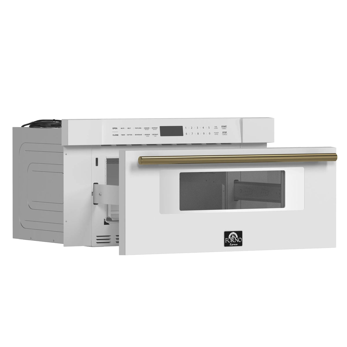 Forno 5-Piece Appliance Package - 30-Inch Electric Range, Wall Mount Range Hood, 60-Inch Refrigerator, Dishwasher, and 30-Inch Microwave Drawer in White with Antique Brass Trim