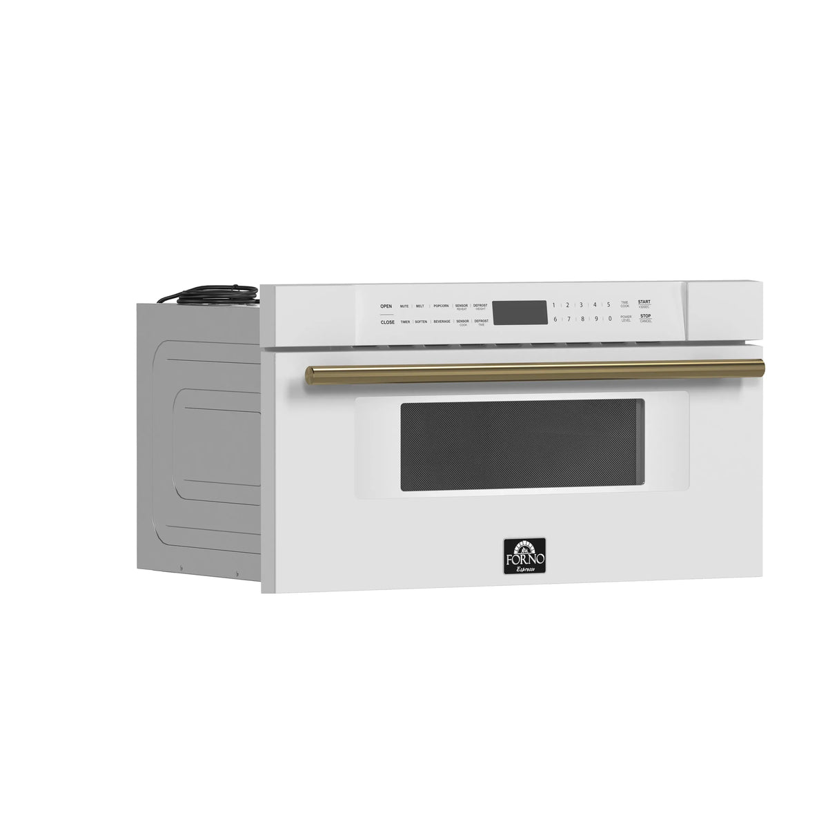 Forno 5-Piece Appliance Package - 48-Inch Electric Range, Wall Mount Range Hood, 60-Inch Refrigerator, Dishwasher, and 30-Inch Microwave Drawer in White with Antique Brass Trim
