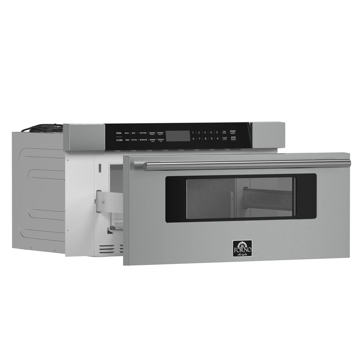 Forno 5-Piece Appliance Package - 48-Inch Dual Fuel Range, Wall Mount Range Hood, 36-Inch Refrigerator, Dishwasher, and 30-Inch Microwave Drawer in Stainless Steel