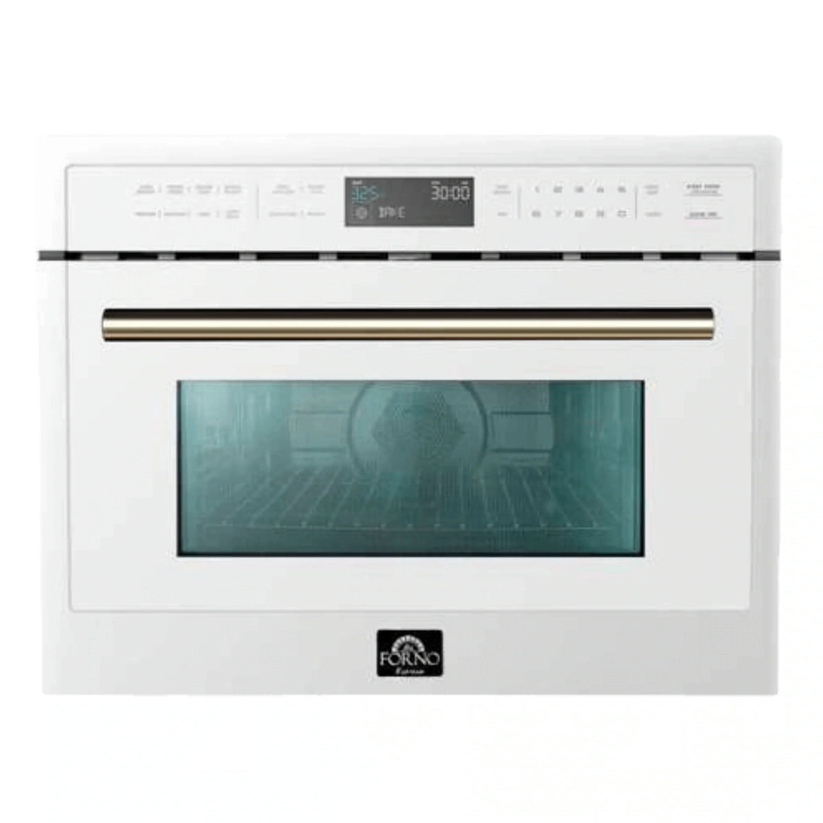Forno 5-Piece Appliance Package - 30-inch Gas Range, Hood, Refrigerator, Dishwasher and 24-Inch Microwave Oven in White with Antique Brass Trim