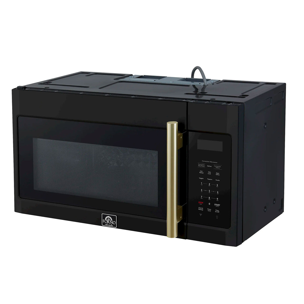 Forno Fornace 30-Inch Over-the-Range Convection Microwave in Black with Antique Brass Handle – 1.5 cu.ft, 300 CFM Vent, Touch Control, LED Light (FOTR3038-30BLK)
