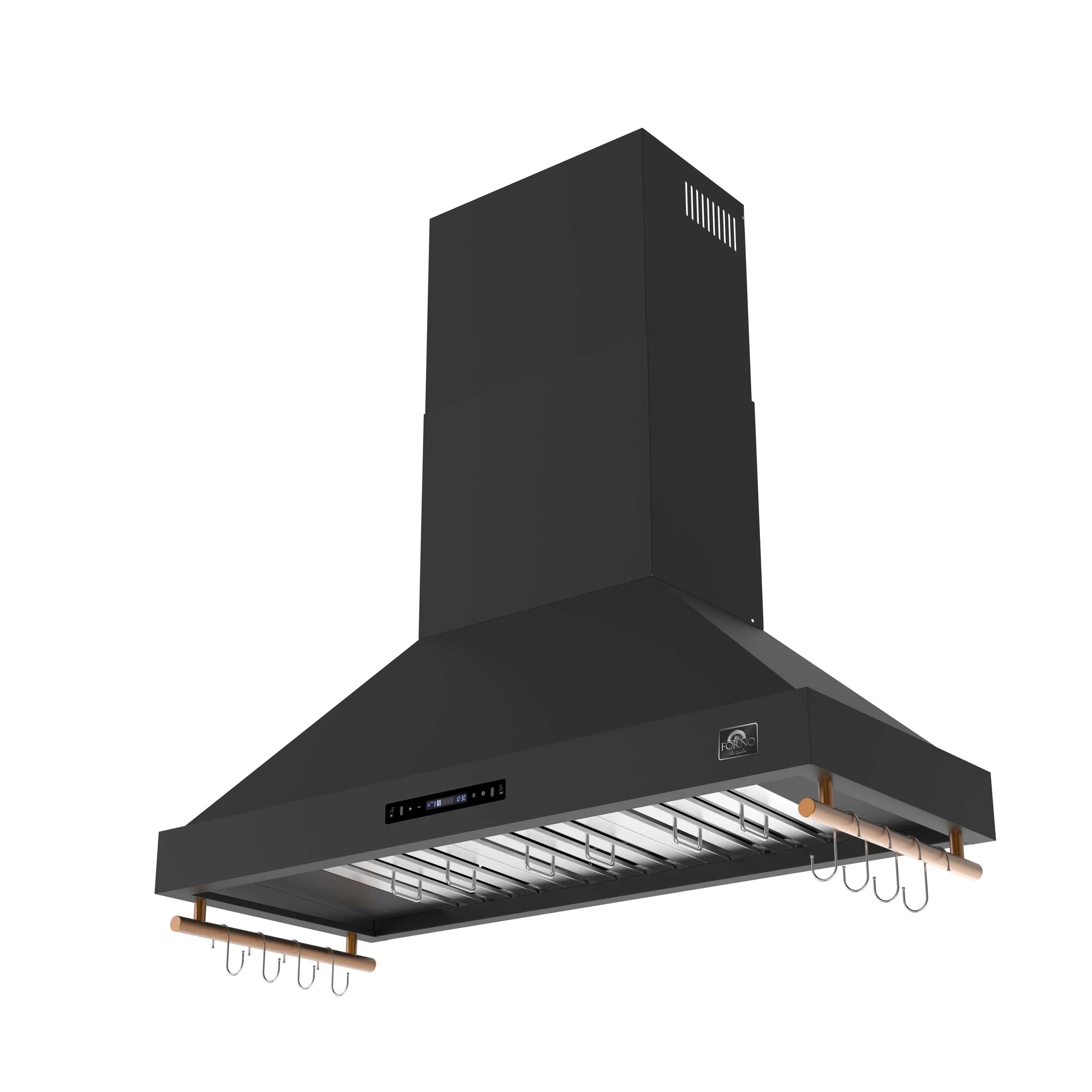 Forno Venezia 48-Inch Wall Mounted Range Hood with Touch Controls and Baffle Filters in Black with Antique Brass Handle (FRHWM5503-48BLK)