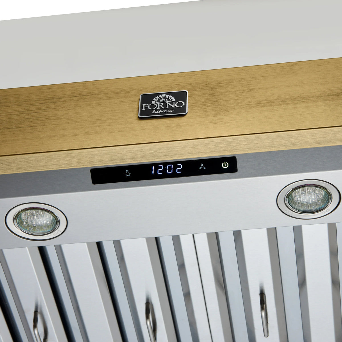 Forno 5-Piece Appliance Package - 48-Inch Gas Range, Wall Mount Range Hood, 60-Inch Refrigerator, Dishwasher, & 30-Inch Microwave Oven in White with Antique Brass Trim