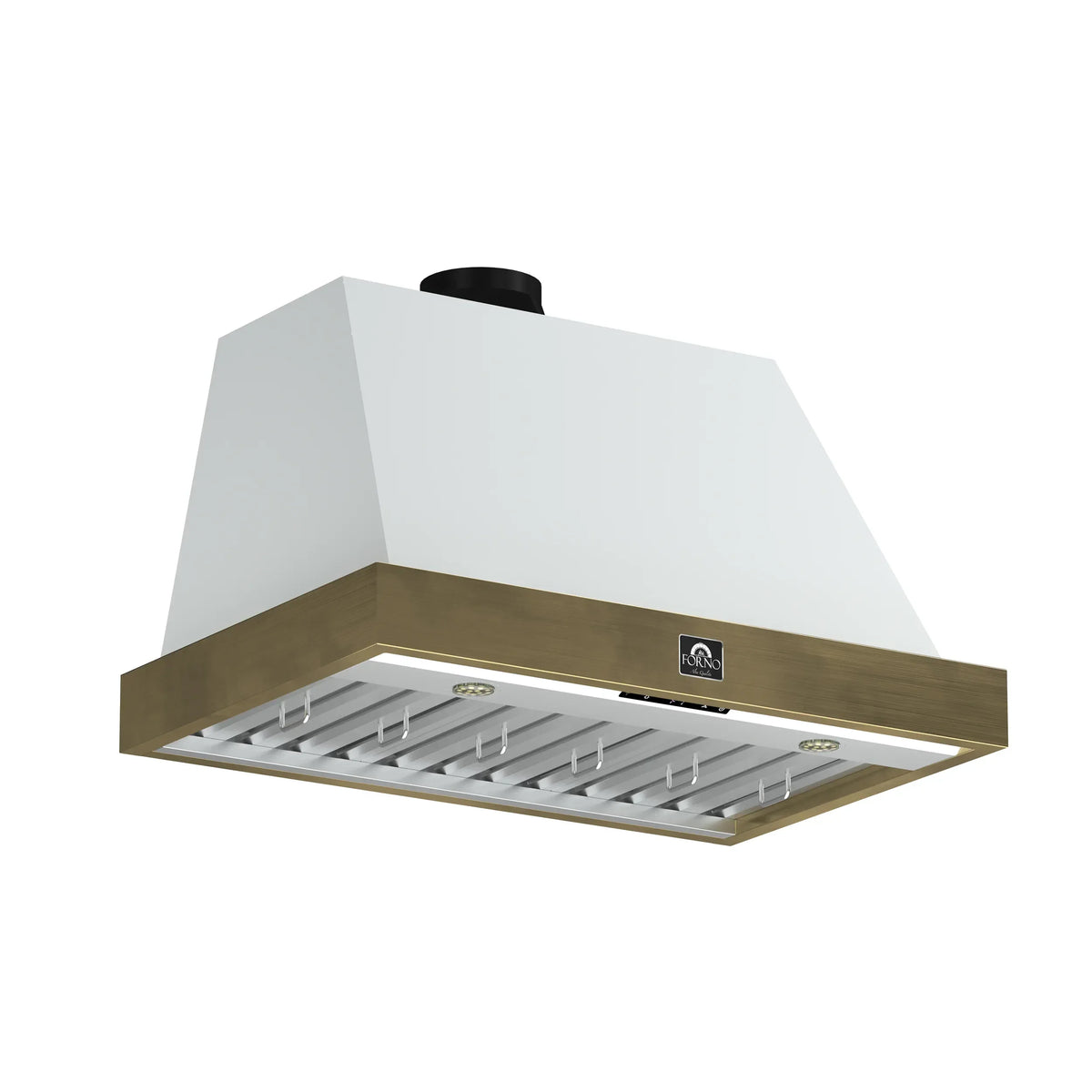 Forno 4-Piece Appliance Package - 36-Inch Galiano Dual Fuel Range, Wall Mount Range Hood, 60-Inch Refrigerator, Dishwasher in White with Antique Brass Trim