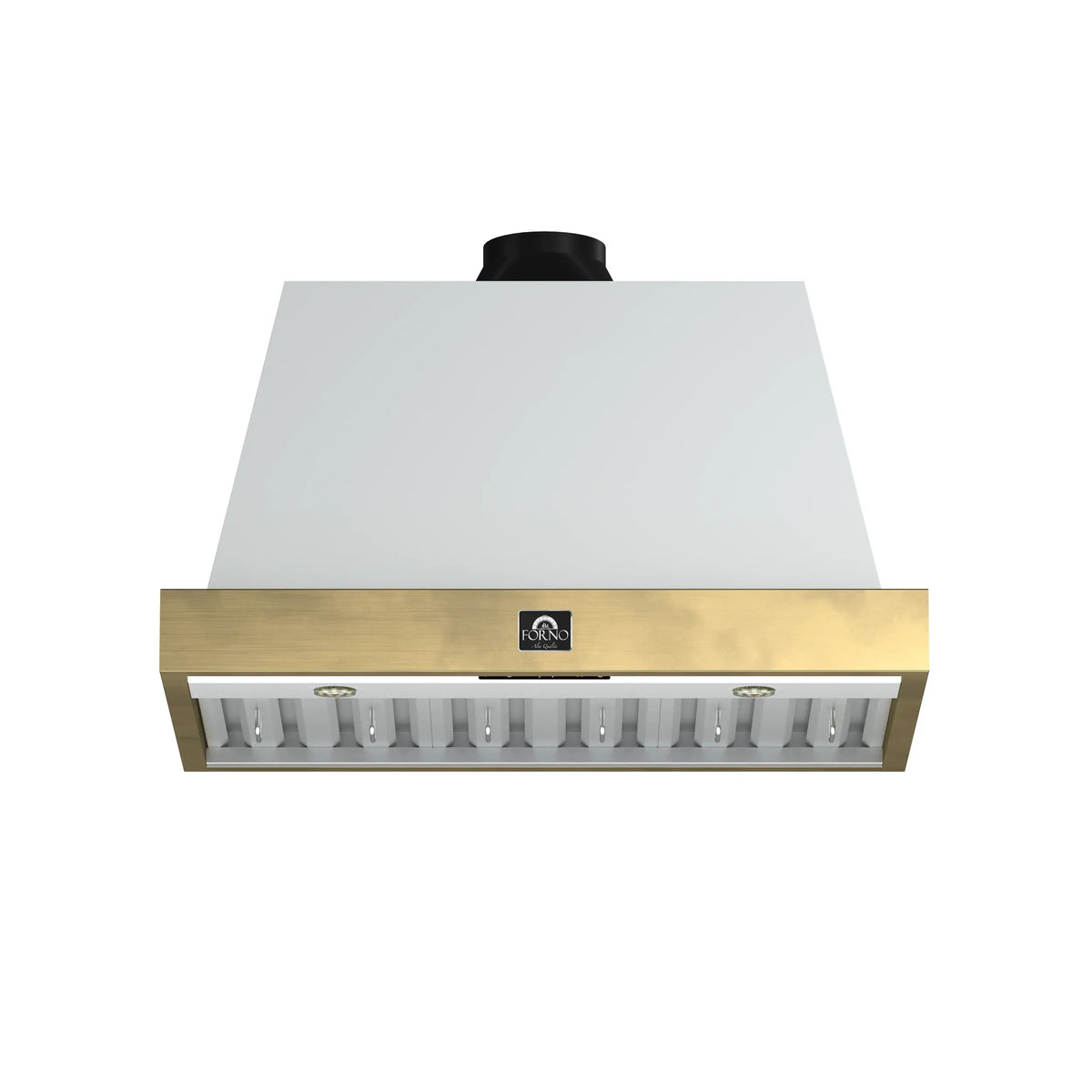 Forno 4-Piece Appliance Package - 36-Inch Antico Dual Fuel Range, Wall Mount Range Hood, 60-Inch Refrigerator, Dishwasher in White with Antique Brass Trim