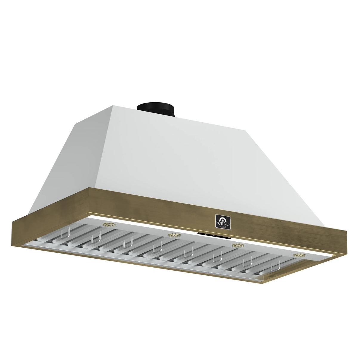 Forno 5-Piece Appliance Package - 48-Inch Gas Range, Wall Mount Range Hood, 60-Inch Refrigerator, Dishwasher, & 30-Inch Microwave Oven in White with Antique Brass Trim