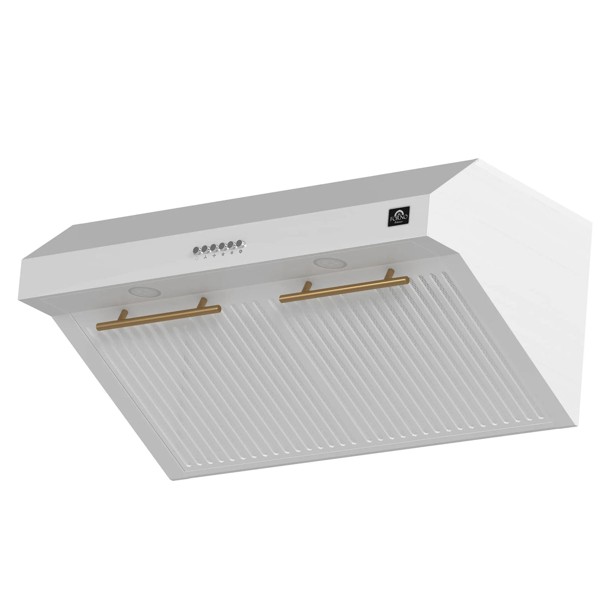 Forno Espresso 4-Piece Appliance Package - 30-Inch Electric Range, Under Cabinet Range Hood, Refrigerator and Dishwasher in White with Antique Brass Trim