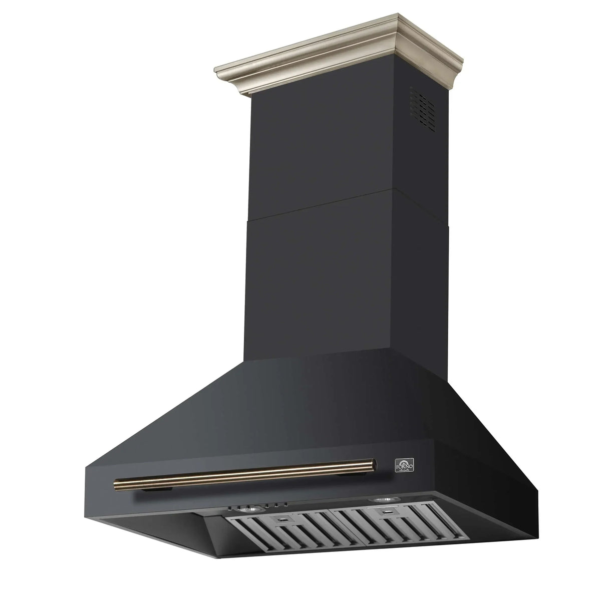 Forno 5-Piece Appliance Package - 30-inch Gas Range, Hood, Refrigerator, Dishwasher and 24-Inch Microwave Drawer in Black with Antique Brass Trim
