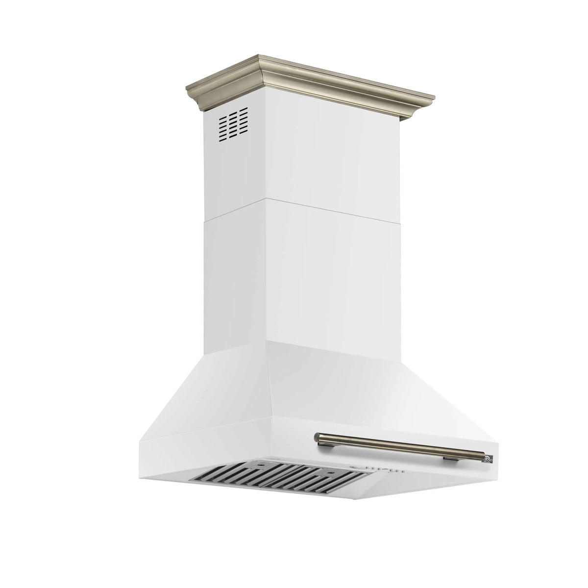 Forno 5-Piece Appliance Package - 30-Inch Electric Range, Wall Mount Range Hood, 36-Inch Refrigerator, Dishwasher, and 30-Inch Microwave Drawer in White with Antique Brass Trim