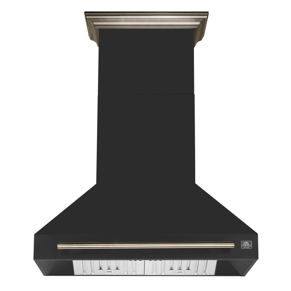 Forno 5-Piece Appliance Package - 36-Inch Dual Fuel Range, Wall Mount Range Hood, 36-Inch Refrigerator, Dishwasher, and 30-Inch Microwave Drawer in Black with Antique Brass Trim