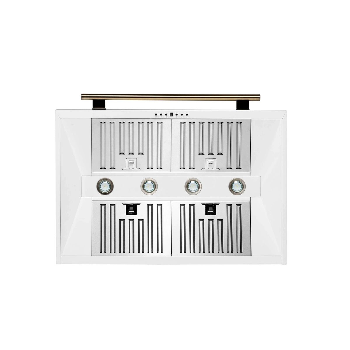 Forno 5-Piece Appliance Package - 36-Inch Electric Range, Wall Mount Range Hood, 36-Inch Refrigerator, Dishwasher, and 30-Inch Microwave Drawer in White with Antique Brass Trim