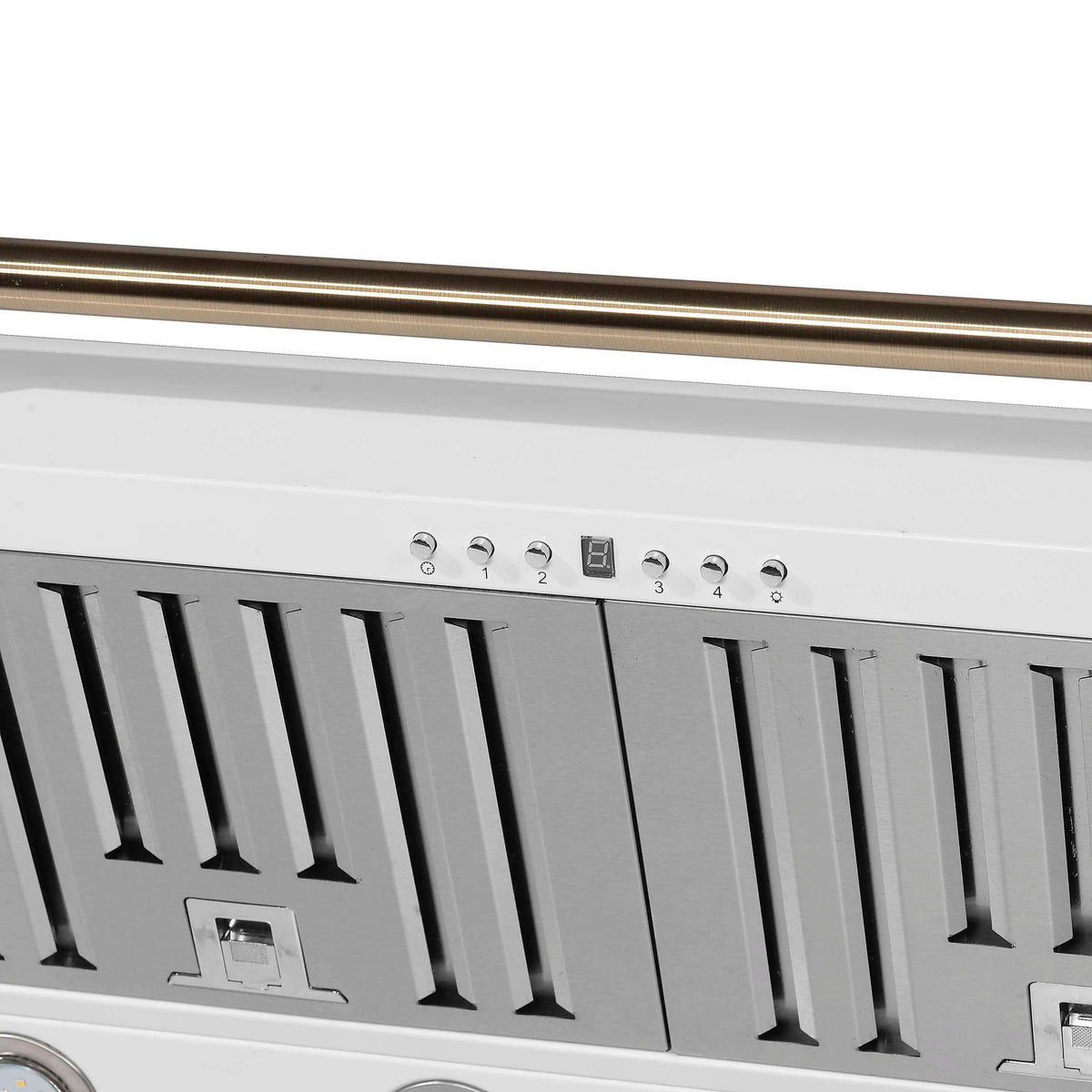 Forno 5-Piece Appliance Package - 36-Inch Electric Range, Wall Mount Range Hood, 36-Inch Refrigerator, Dishwasher, and 30-Inch Microwave Drawer in White with Antique Brass Trim