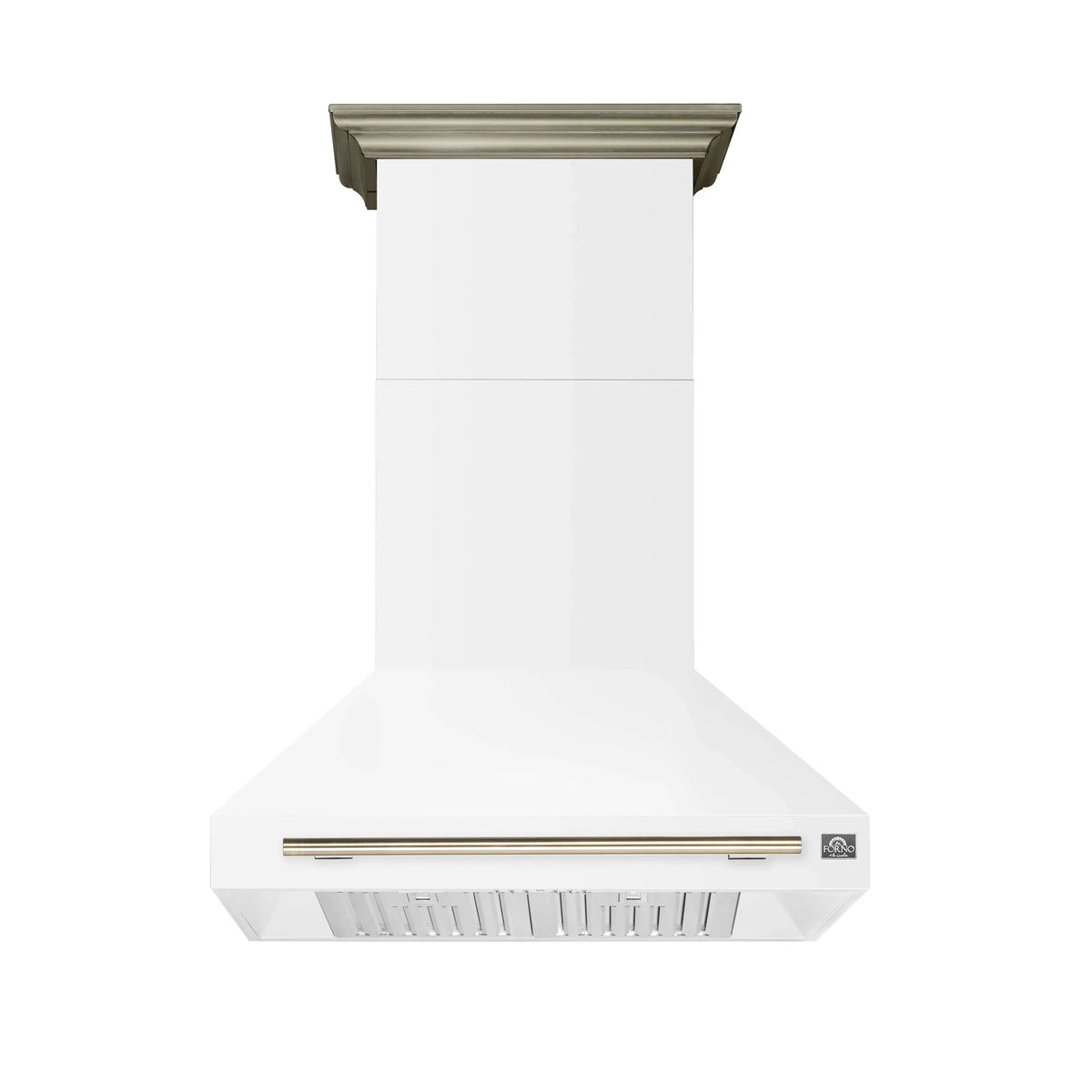 Forno 5-Piece Appliance Package - 36-Inch Electric Range, Wall Mount Range Hood, 36-Inch Refrigerator, Dishwasher, and 30-Inch Microwave Drawer in White with Antique Brass Trim