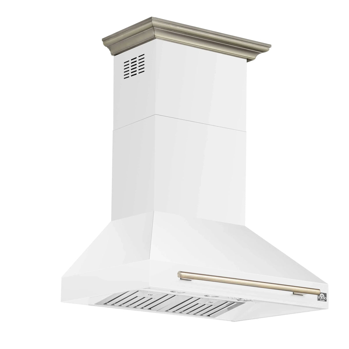 Forno 4-Piece Appliance Package - 36-Inch Dual Fuel Range, Wall Mount Range Hood, 60-Inch Built-In Convertible Refrigerator, and Dishwasher in White with Antique Brass Trim